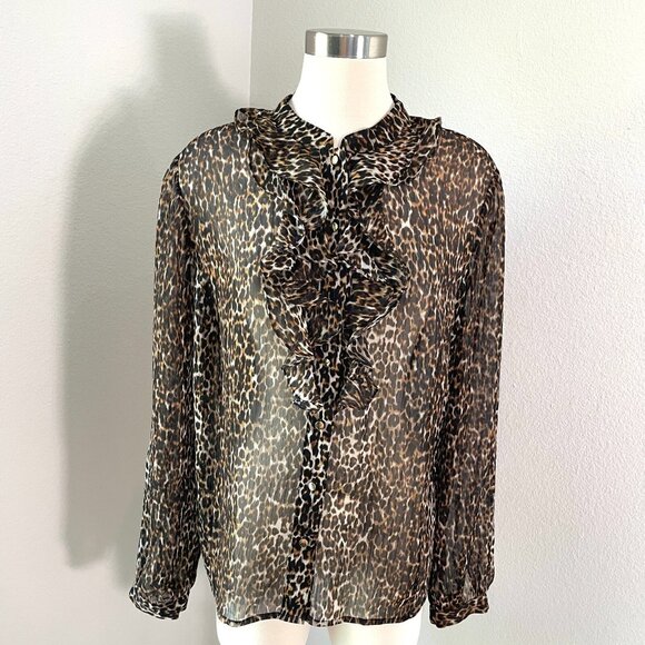 Tahari Womens Plus 1X Leopard Ruffle Button Up Blouse Sheer Shirt Top - Picture 1 of 10